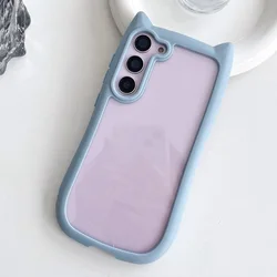 Korean Cute Candy Color 3D Cat Ears Transparent Phone Case - Kawaii Shockproof Soft Border Cover - Samsung Galaxy S23 (Blue)