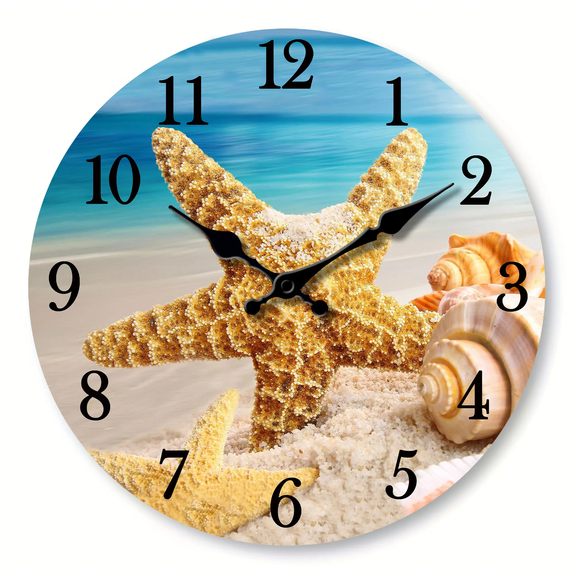 불가사리 디자인 나무 벽시계, 푸른 바다, 해변, 둥근 벽시계, 조용한 시계, 거실 침실용, 1 개
