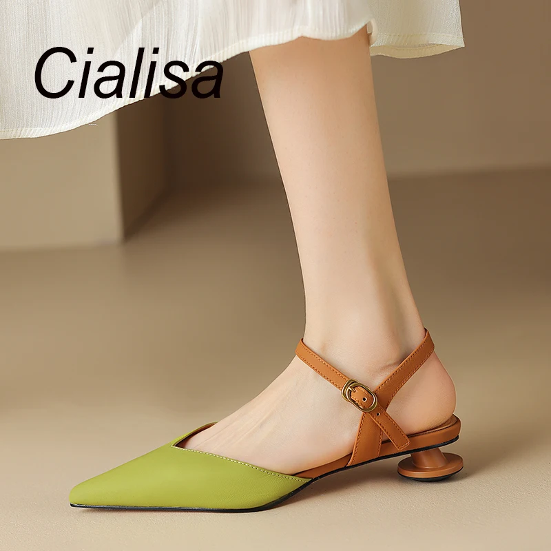 

Cialisa Women's Shoes Pointed Toe Party Dress Genuine Leather Sandals Buckle Strap Strange Style Low Heels Ladies Sandal Summer