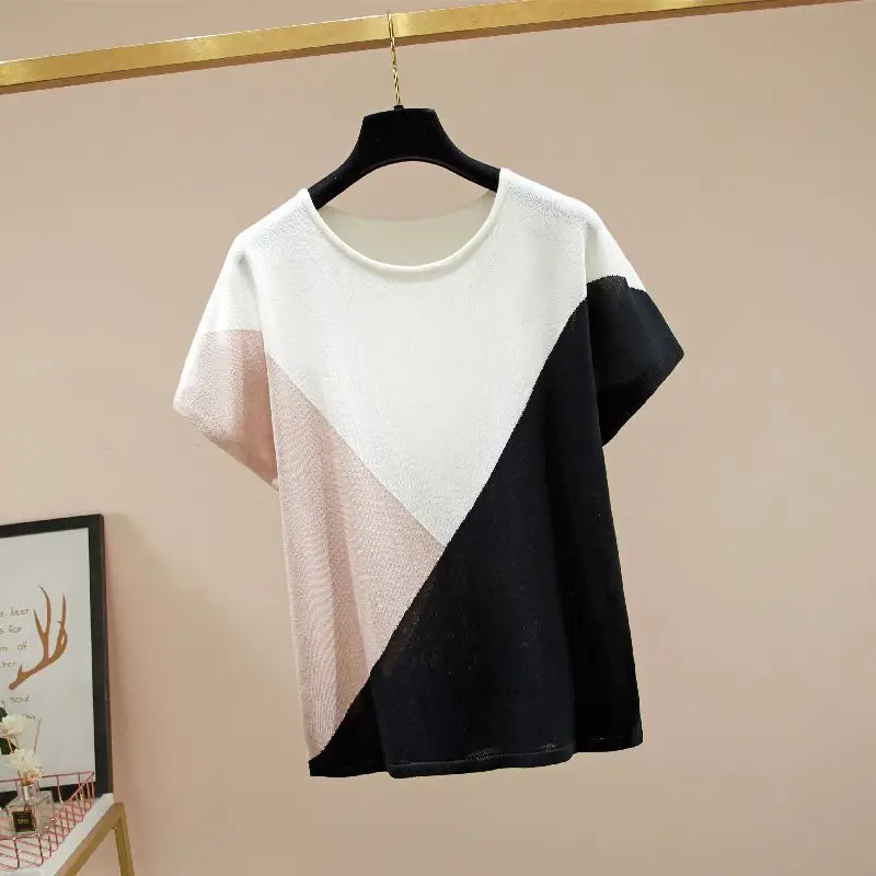 Spring Summer Ice Floss Contrast Color Pullover Women's Top Korean Crew Neck Loose Short Sleeve Plus Size Knitted T-Shirt Trend