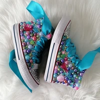 Handmade Rhinestones Bling Girls Womens Kids And Mother Candy Canvas Shoes Pearls Sneakers For Girl Birthday Party Wedding 2