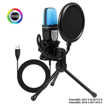 팟캐스트 녹화용 USB 마이크, RGB 마이크 콘덴서, 와이어 게이밍 마이크, 충격 방지 스탠드, 스트리밍 노트북 데스크탑 PC
