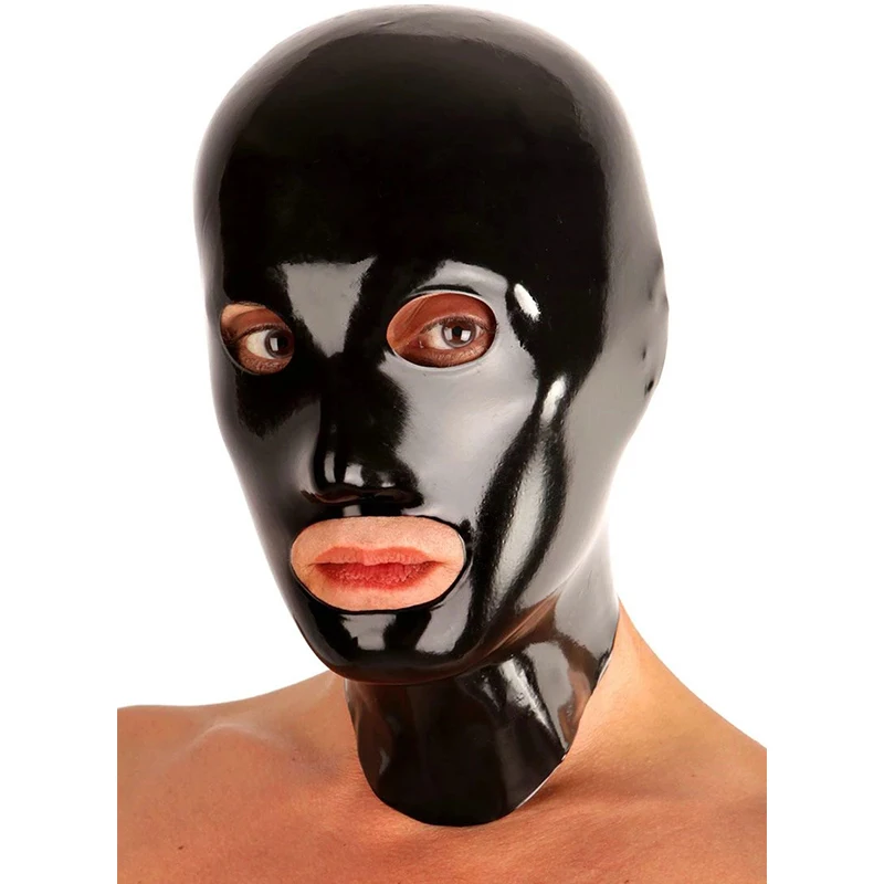 

Handmade Latex Mask Black Rubber Hoods with Open Big Eyes and Open Mouth Cosplay Custom Size For Men Women