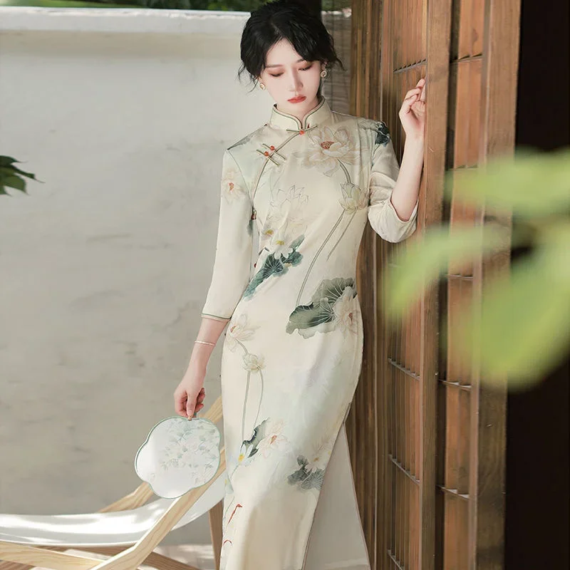 

Spring Slim Long Chinese Style Cheongsam Dress Women Fashion Modern Qipao National Traditional Robe Orientale Girl Vestido Chino