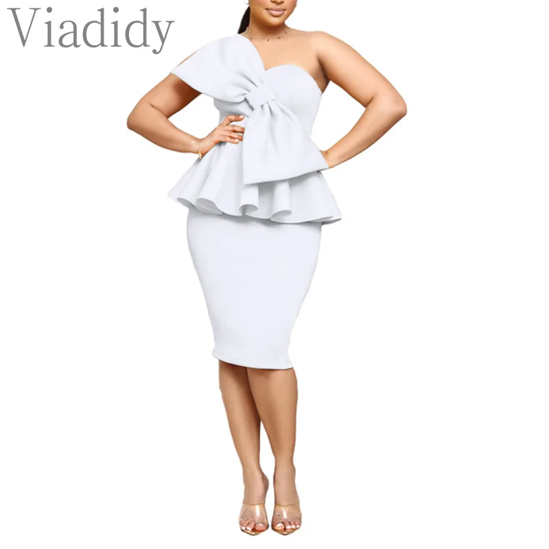 

Women Sexy Solid Color One Shoulder Bowknot Decor Irregular Ruffles Decor Midi Dress