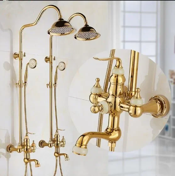 Bathtub and Shower Faucet Golden Brass and Jade Bath Set Brass Wall Mounted 8" Rainfall &nd shower  Set