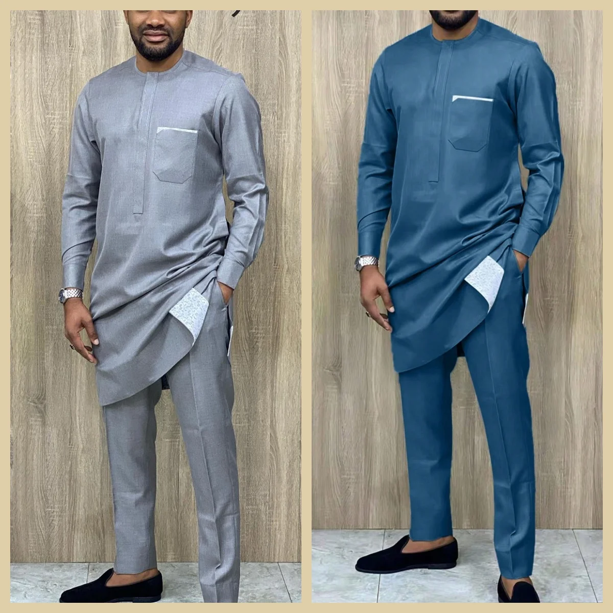 Luxury Embroidered Men's Temos Wedding trousers shirt two-piece suit dress Solid color long sleeve party African ethnic style 2