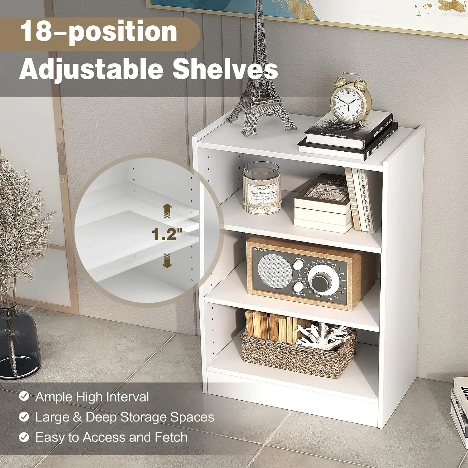 3-Tier Open Bookcase, Modern 3-Cube Bookshelf with 18-Position Adjustable Shelves & Anti-toppling Devices,