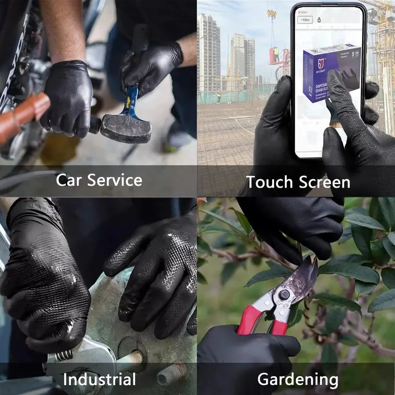 Nitrile Gloves 8Mil Heavy Duty Black Nitrile Gloves Thick Diamond Texture Disposable Gloves Tear Resistant Industrial Mechanic Cleaning