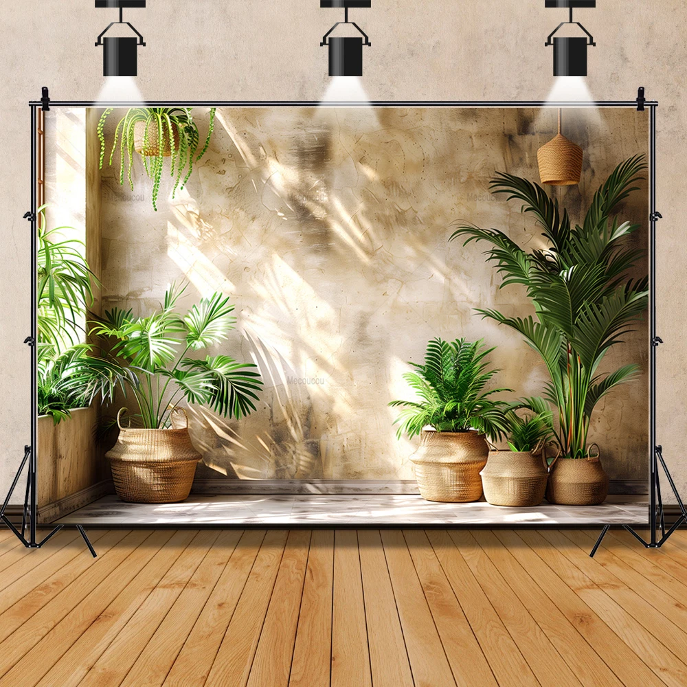 식물 천국 햇볕이 잘 드는 서부 보헤미안 스타일의 벽과 무성한 녹색 식물 실내 사진 촬영 맞춤 배경 사진 스튜디오