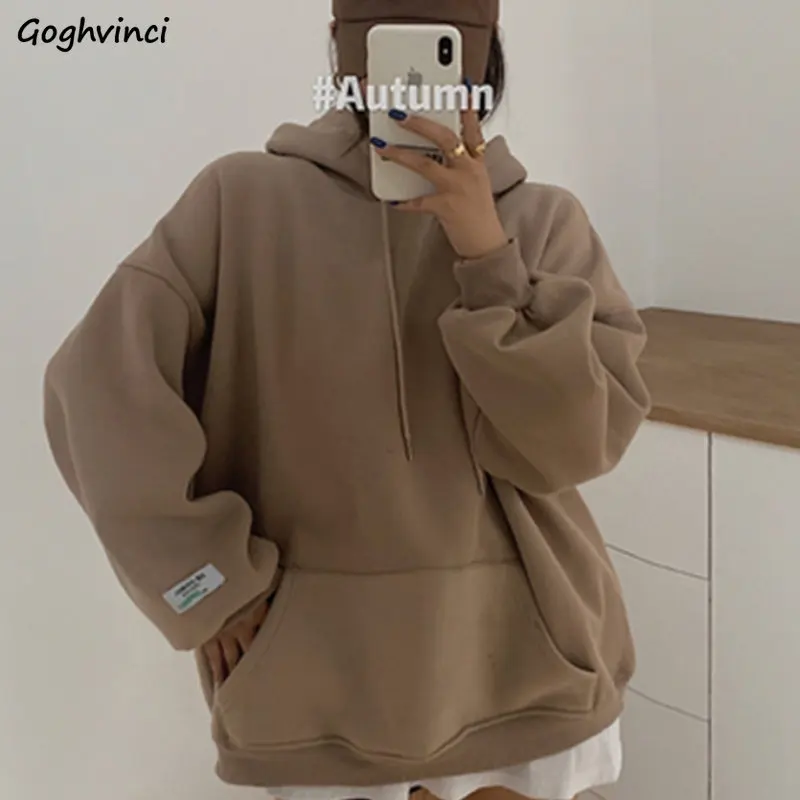

With Hat Hoodies Women Thicken Vintage Loose All-match Harajuku Streetwear Korean Style Chic Fashion Autumn Long Sleeve Clothes