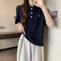Embroidery Polo Neck T Shirt for Women Summer Outfit Woman Tshirt Y2k Fashion Korea Clearance One Pieces 90s Vintage Korean Kpop - Image 4