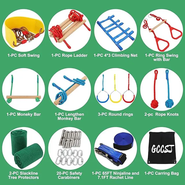 Warrior Obstacle Course For Kids And Adults - 65FT Slackline With Tree Climbing Rock Holds, Swing Seat, Monkey Bars, Ring Wheel, 2