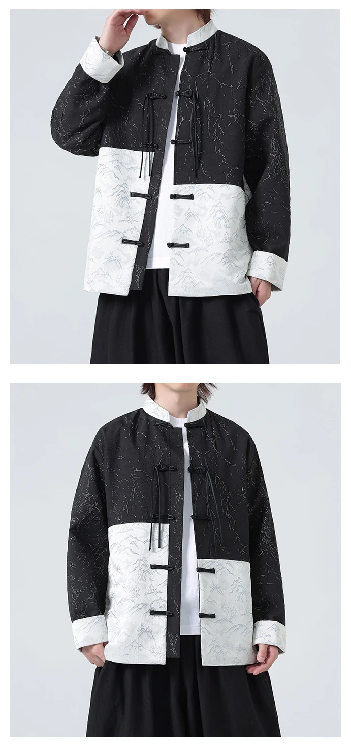 Langarm Jacken für Mann Tang Kleidung Vintage Spleißen männer Kleidung Frosch Hombre Jacquard Stehkragen Lose Hanfu Jacke – Detail 10