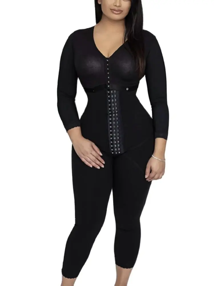 Mid-length Shapewear Women Bodysuit PostpartumTummy Control Shapewear Long Sleeve Full Body Faja With Bra