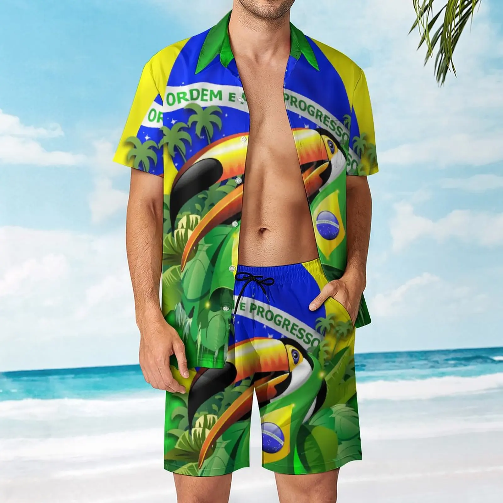 

Men's Beach Suit Toco Toucan on Brazil Flag 2 Pieces Suit Vintage Going Out Hot Sale