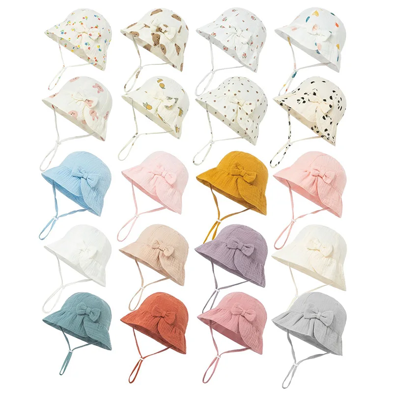 Muslin Baby Summer Hat Beach Kids Sun Hats for Girls Bow Sweet Infant Cap Toddler Bucket Hat Newborn Accessories 0-12M 2
