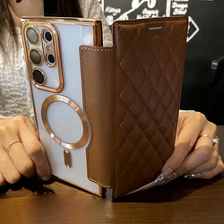 Plated Leather Magnetic Flip Cover with Card Slot and Transparent Design - S25 Plus (Brown)