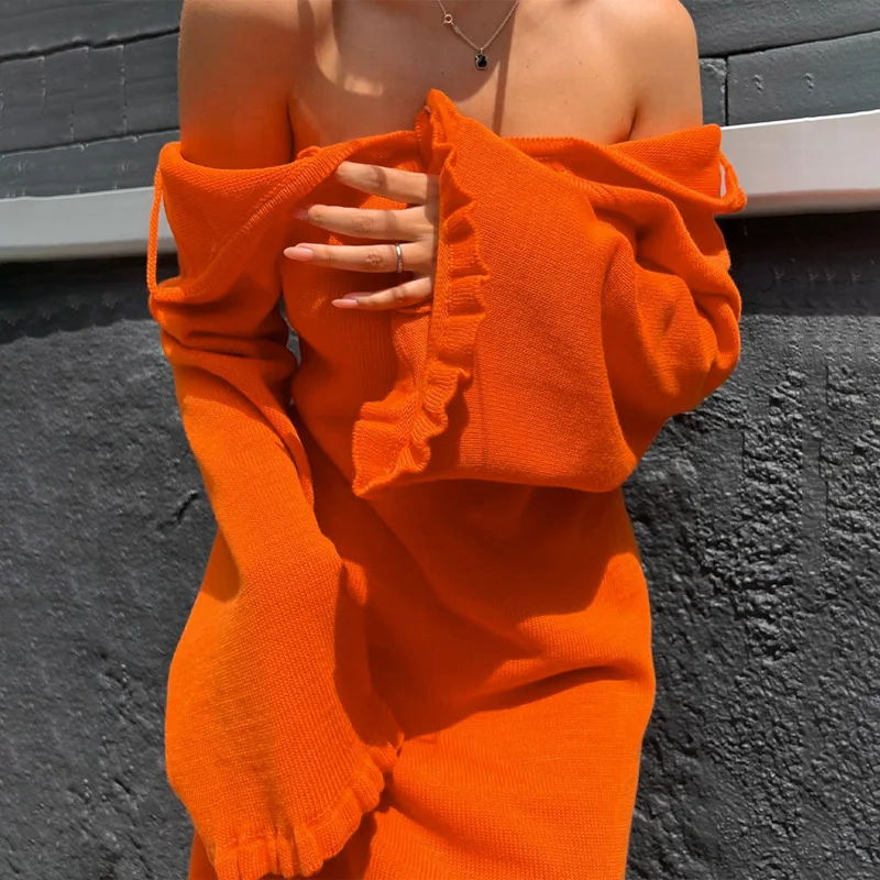 

Ruffled Backless Knit Mini Dress Women Lace-Up Long Sleeve Sexy High Waist Sweater Dress Loose Knitwear Autumn Dress Vestidos