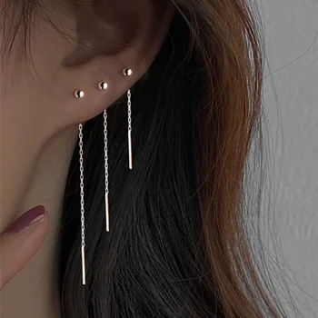 여성용 스테인리스 스틸 댕글 귀걸이, 기하학적 볼, 긴 술 체인 드롭 귀걸이, 미니멀리즘 이어 라인, 케이팝 주얼리, 패션