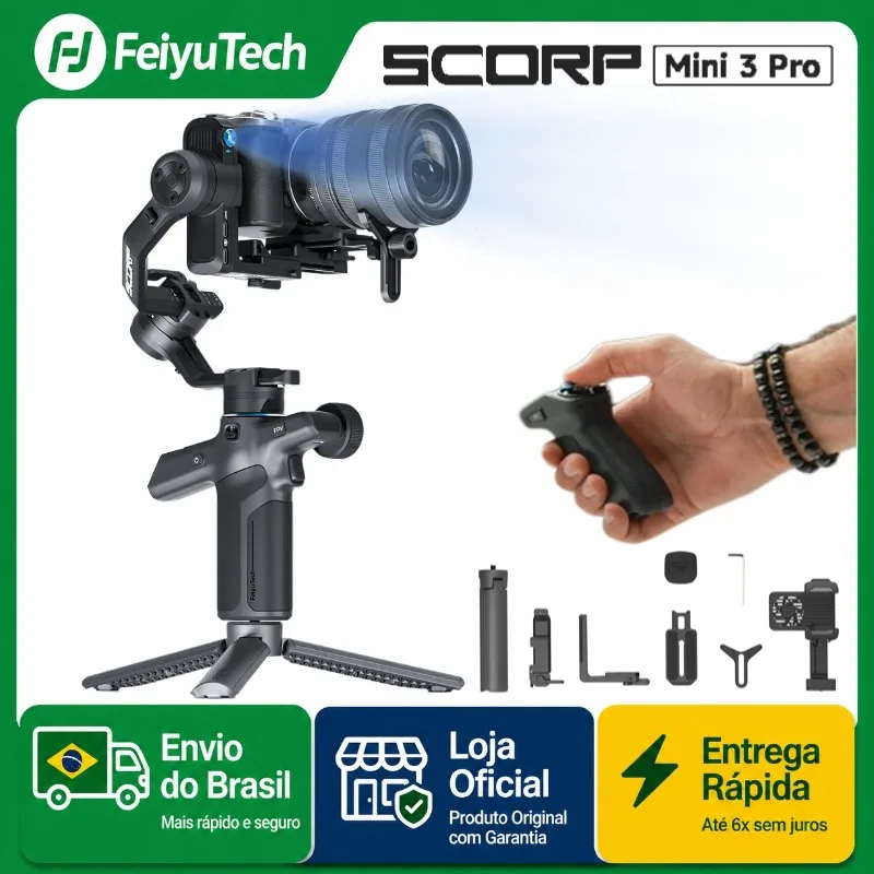 FeiyuTech SCORP Mini 3 Pro Gimbal 3 em 1 para Câmeras Mirrorless, Ação e Celular com Rastreamento IA 4.0, Alça Remota Destacável, Suporte até 2 kg, Bateria 14 h