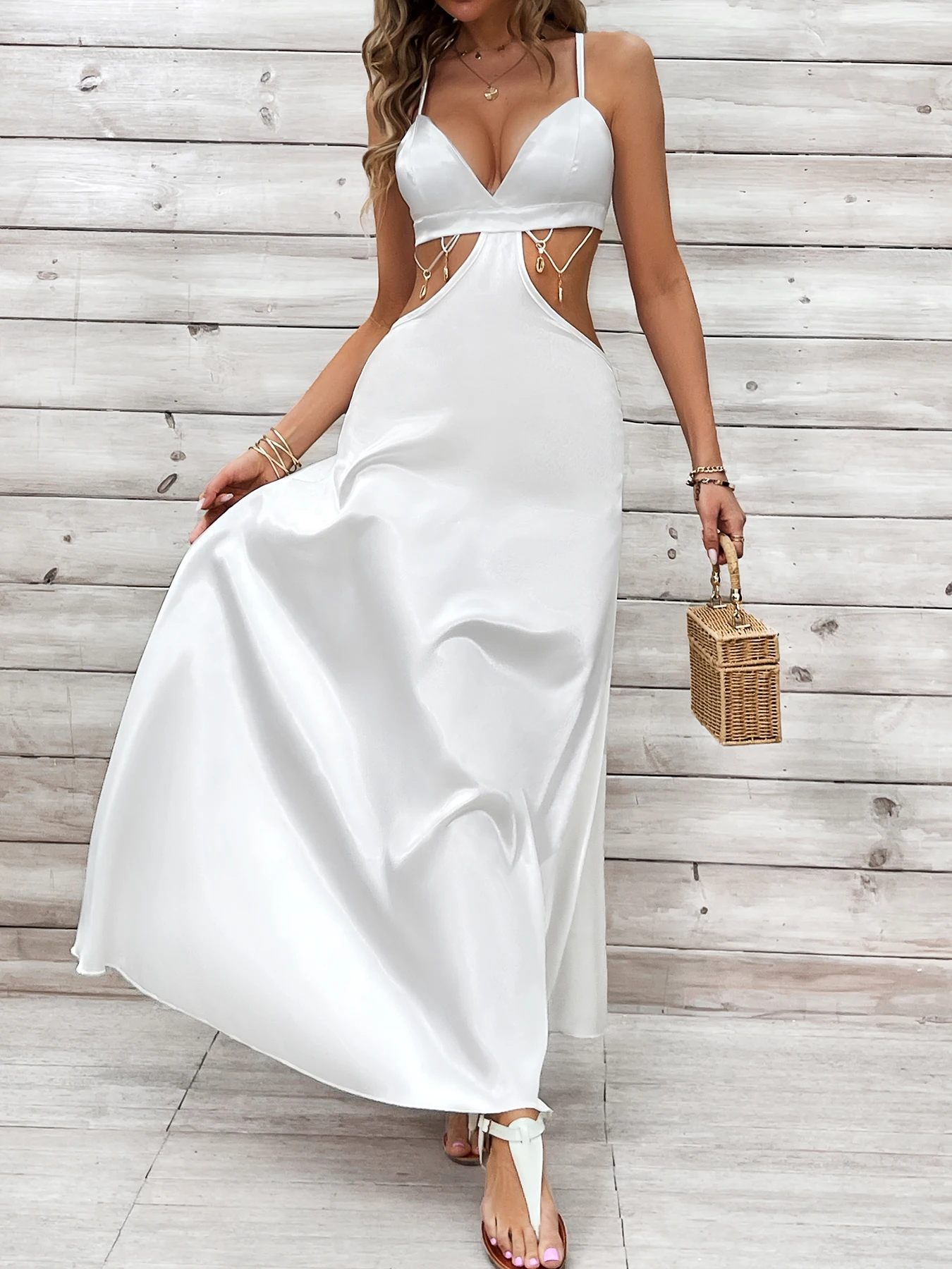 

2024 New Elegent White Dress For Ladies Strap Cut Out Evening Party Dress Chic Gown Women Robe Female Sexy Banquet Dress Clothes