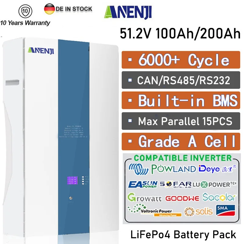 Batteria 48V Powerwall Lifepo4 Batteria Al Litio 51.2V 200Ah 10Kw 6000 Ciclo Bms Buitl-In Can Rs485/232 Per Inverter Solare