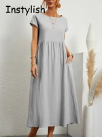Women Elegant Solid Maxi Dress Summer Short Sleeve O Neck Vintage Harajuku Cotton Linen Loose Sundress Y2K Pockets Long Dress - Image 6