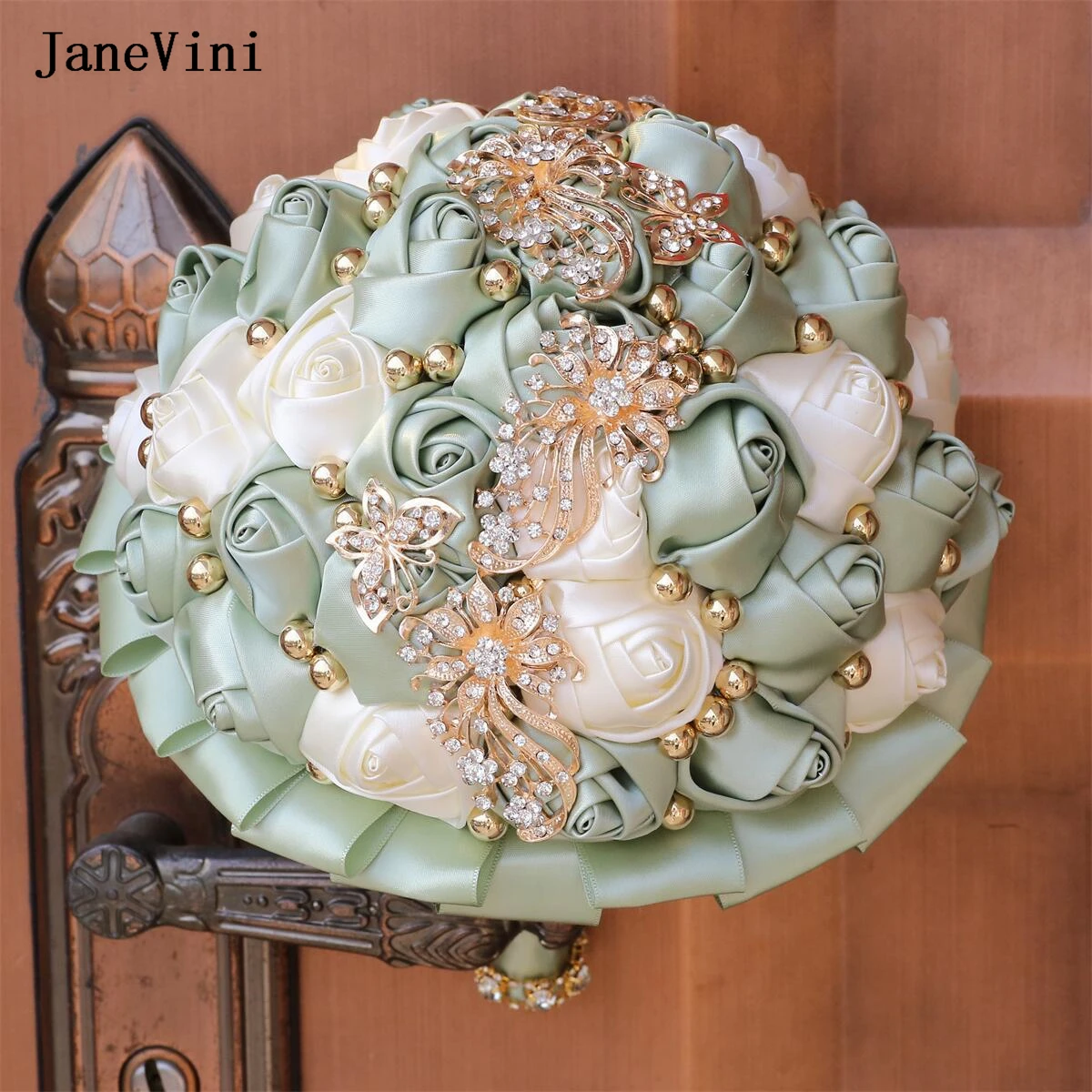 JaneVini Bling Gold Rhinestone Pearls Bridal Brooch Bouquets Sage Ivory Flowers Artificial Satin Roses Wedding Bouquet for Bride