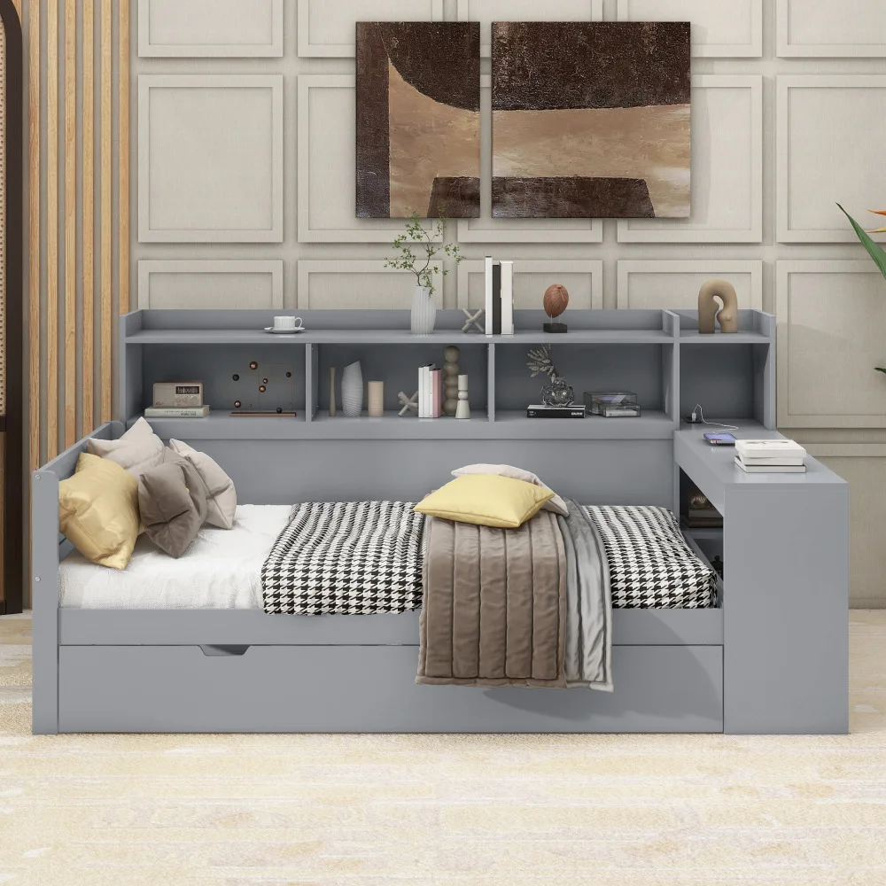 90x200cm Schlafsofa, Tagesbett, Nachttischplatte und Untertischplatte, Bett mit Steckdose und USB-Anschluss, 2 Schubladen, Schreibtisch, ohne Matratze – Detail 23