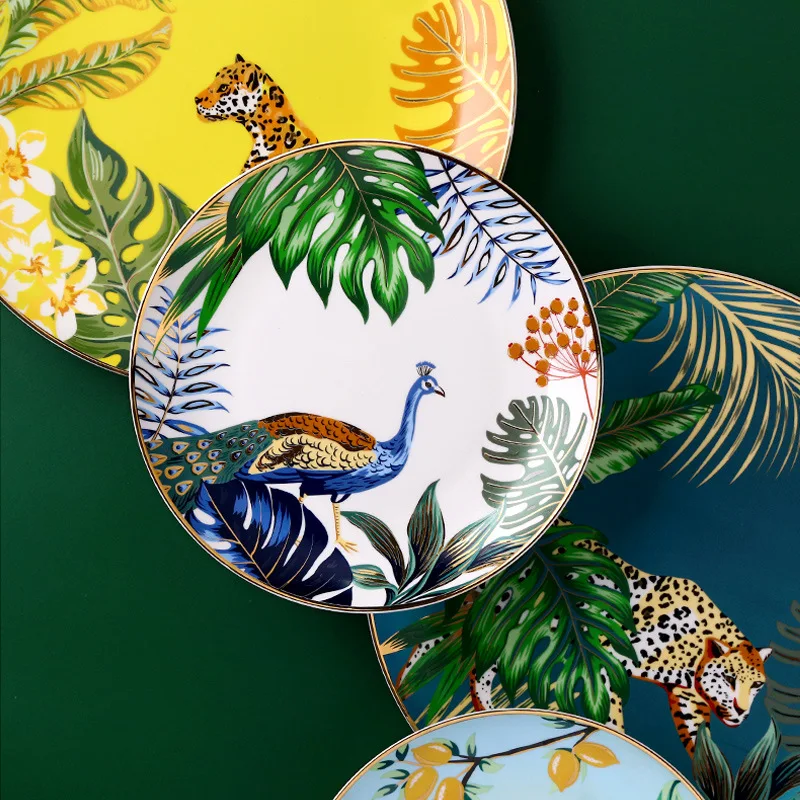 Dinnerware Set Colorful Forest Animal Design Plate Steak Tray Flat Plate Ceramic Tableware 8inch Dish Christmas Gift Gold Rim