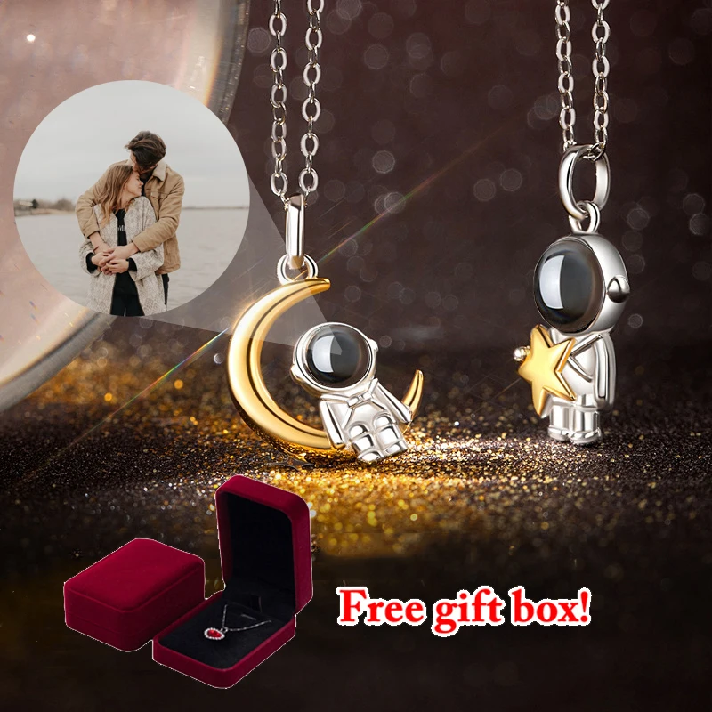 

S925 Silver Couple Custom Projection Necklace Astronaut Moon Pendant For Girlfriend Man 2023 Valentine Gifts Romantic Jewelry