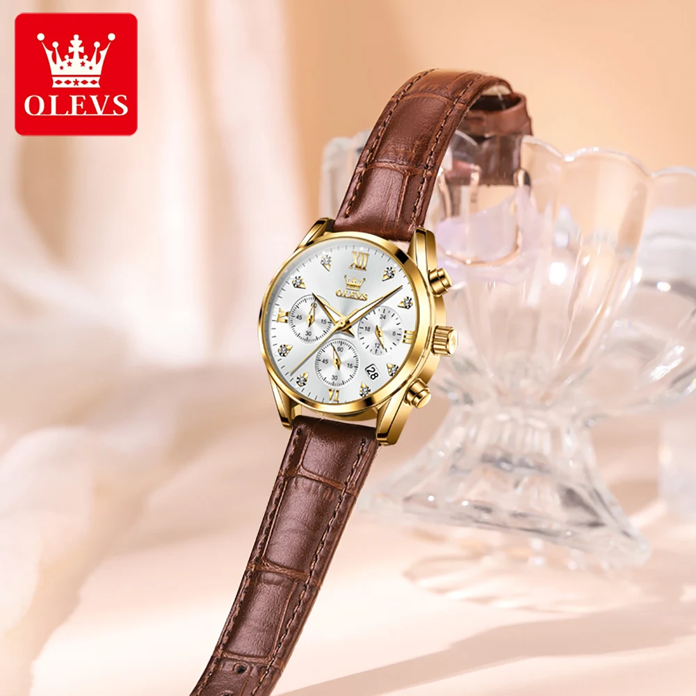 OLEVS Quartz Watch for Women Fashion Leather Strap Waterproof Luminous Auto Date Fashion Elegant Ladies Wristwatches Reloj Mujer