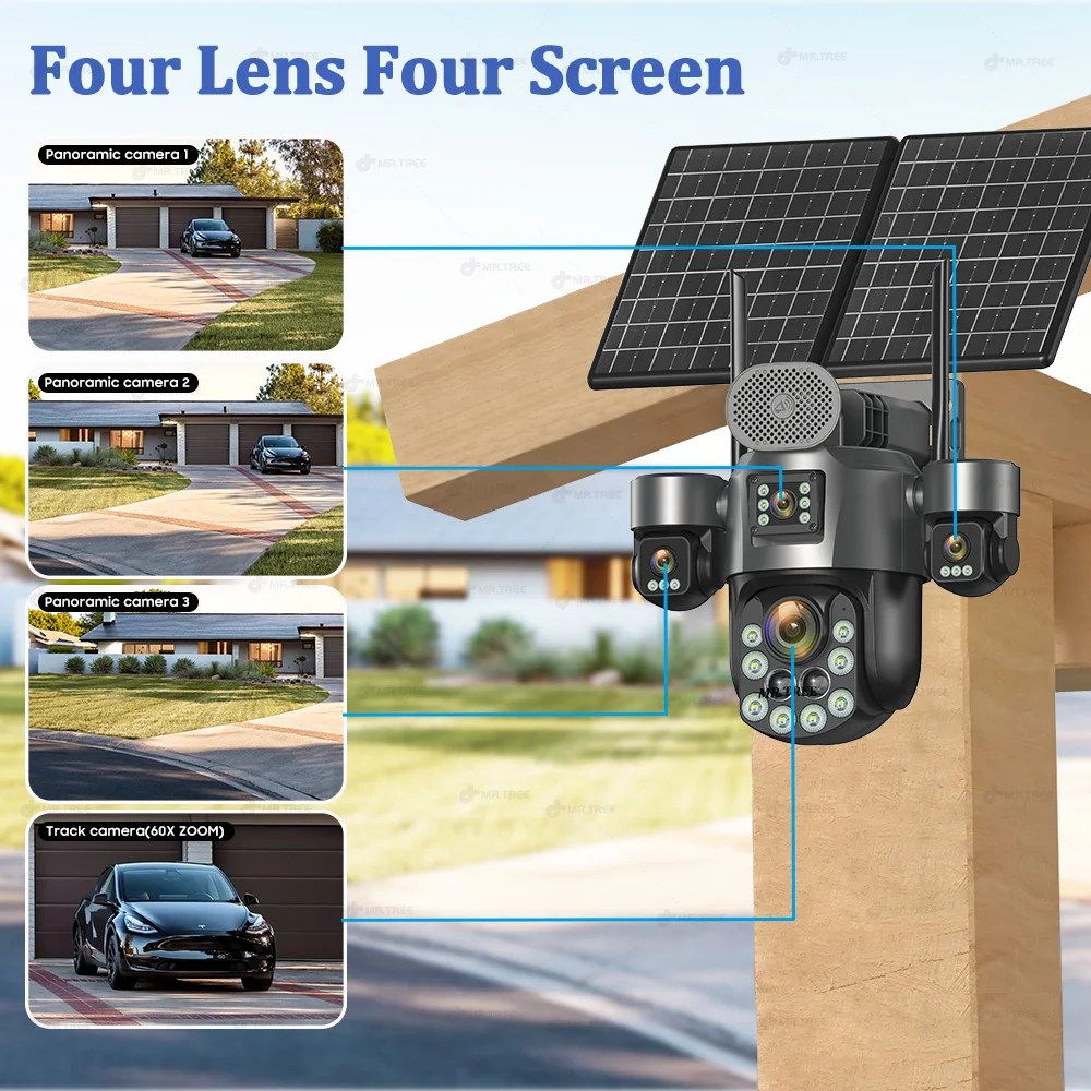 4G SIM/eSIM Solar PTZ Security Camera 4 Screen AOV 24 Hour Record 31200mah Outdoor 60X Optical Zoom Auto Track Surveillance Cam 2