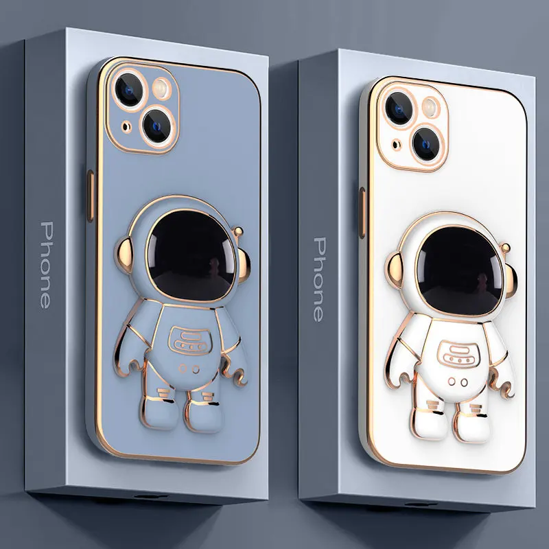 Plating 3D Astronaut Stand Holder Phone Case For iPhone 13 11 12 Pro Max 13Pro XS Max XR X 7 8 Plus 11 Camera Protection Cover iphone 12 pro max leather case