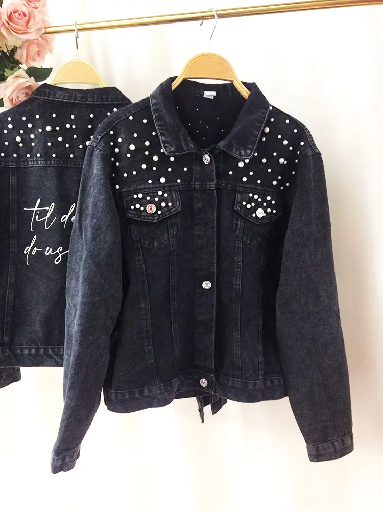 PERSONALIZED Black Denim Statement Coats Bridal Jacket Customized Wedding Jean Jacket Bridal Denim With  Pearl Women's MRS Coats