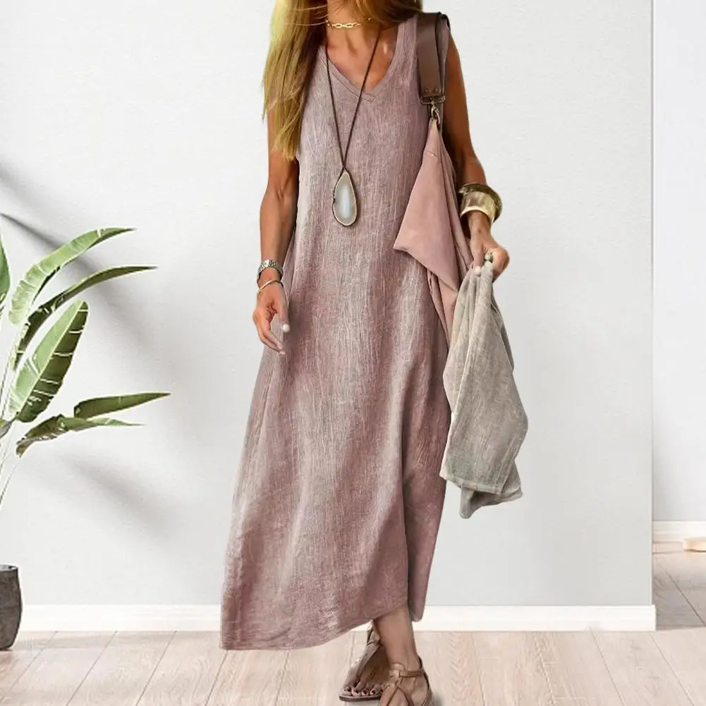 

European Beach Dress Casual Tank Top Soft Material V-Neck Loose Style Medium Length Dress