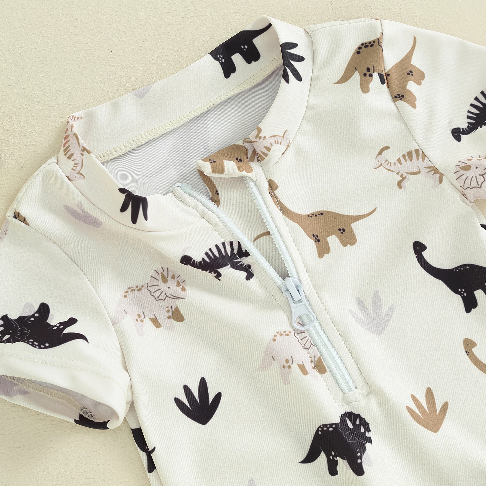Kids Boys Summer Swimsuit Casual Tree/Dinosaur Print Zipper Short Sleeve Jumpsuit Swimwear Beachwear Bathing Suit 0-3T