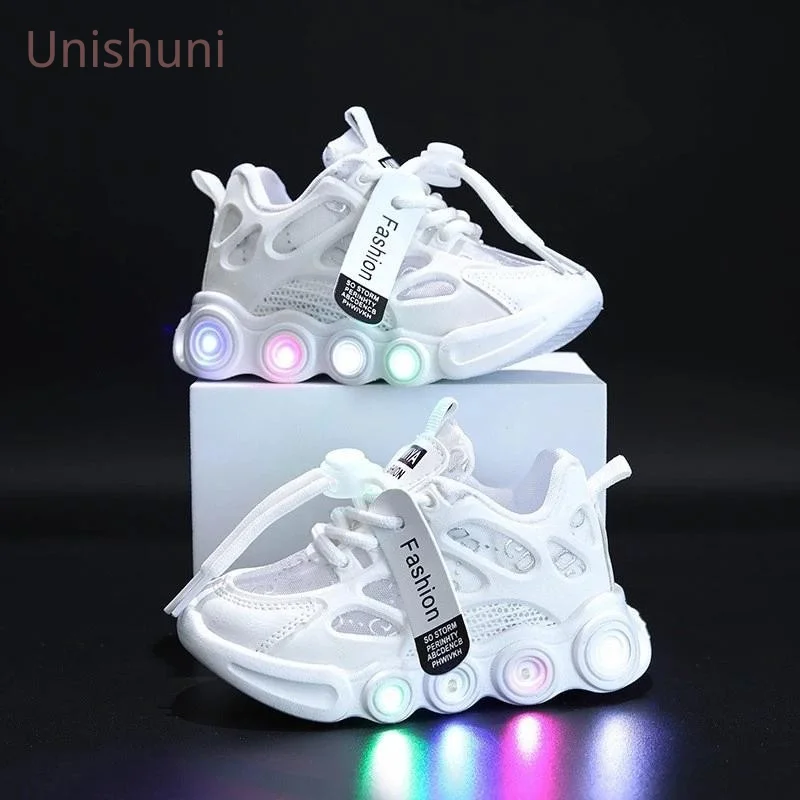 Children LED Shoes Boy Girl Light Up Sneaker Leather Air Mesh Shoes Kids Running Shoes School Trainers Black White Tennis Shoes children led shoes boy girl light up sneaker leather air mesh shoes kids running shoes school trainers white tennis shoes