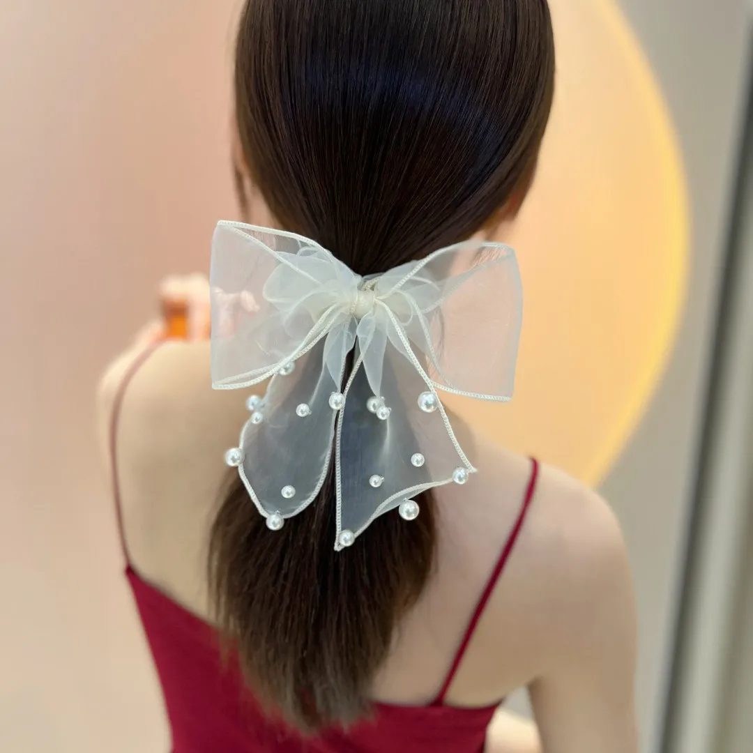 Retro Tie Head Rope Female Summer Net Yarn Style Temperament Bow Knot Headdress Korean Pearl Hair Ring Ponytail Hair Accessories a6 loose leaf notebook cowhide leather tie rope journal planner 192 pages school office note book lines blank paper retro gift