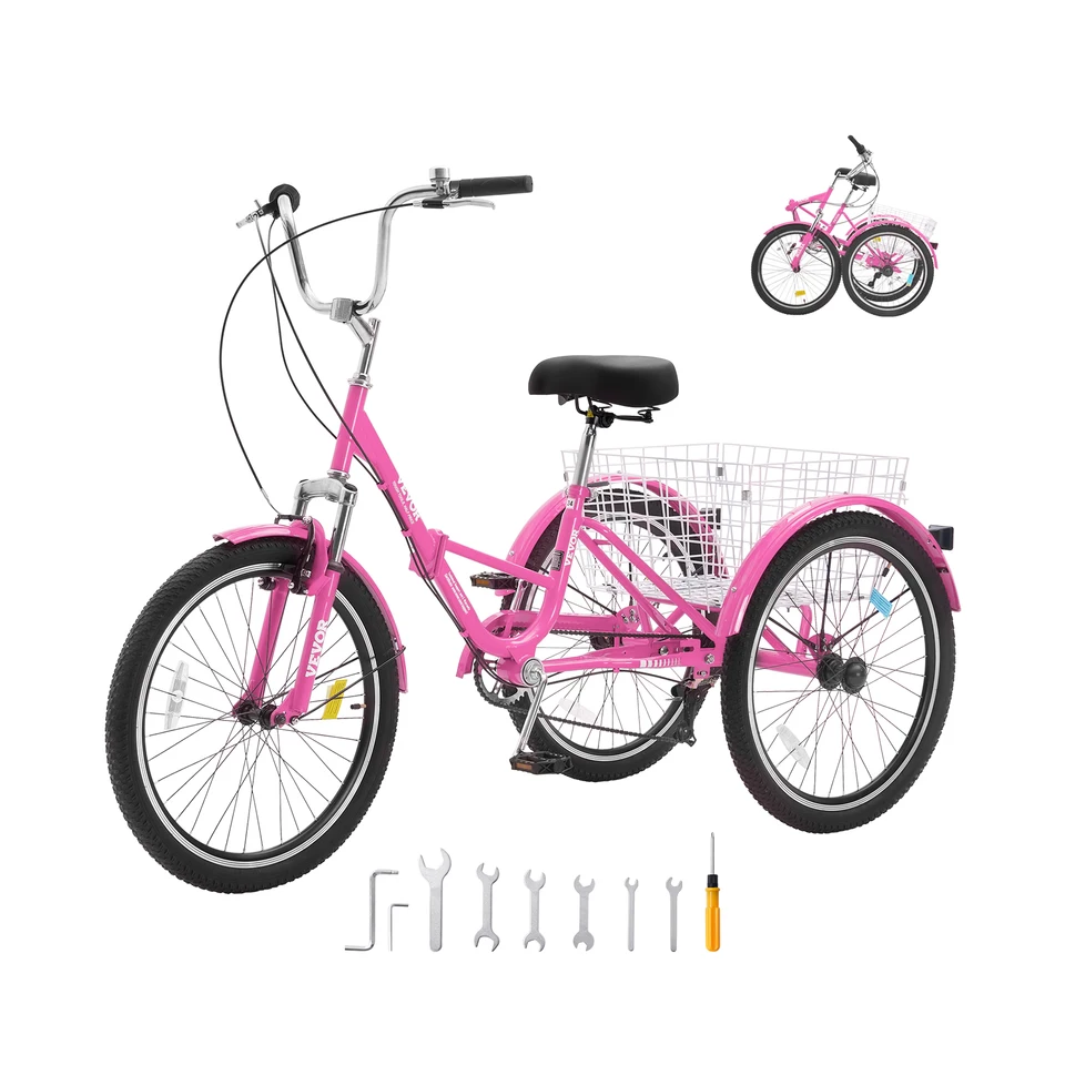 Folding 24 Inch Tricycle 7 Speed Adult Bike with Basket