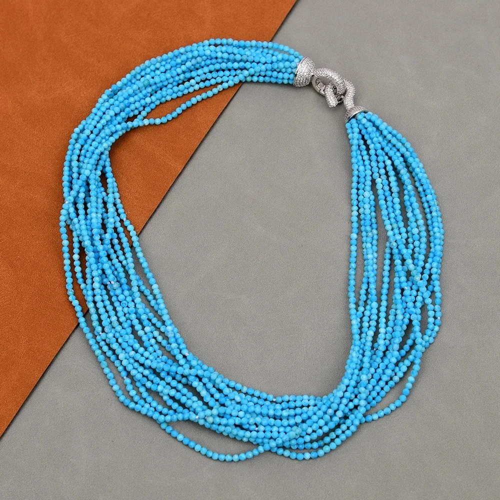 

19" 14 Rows Natural Blue Turquoise Faceted Round Stone Beads Chokers Necklace CZ Clasp Multi Strands Jewelry For Lady