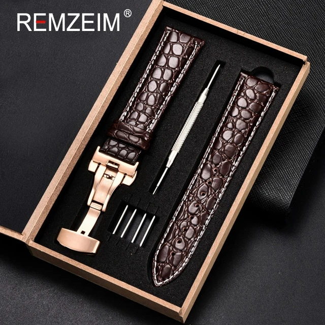 Luxury Embossed Leather Watch Strap with Butterfly Clasp