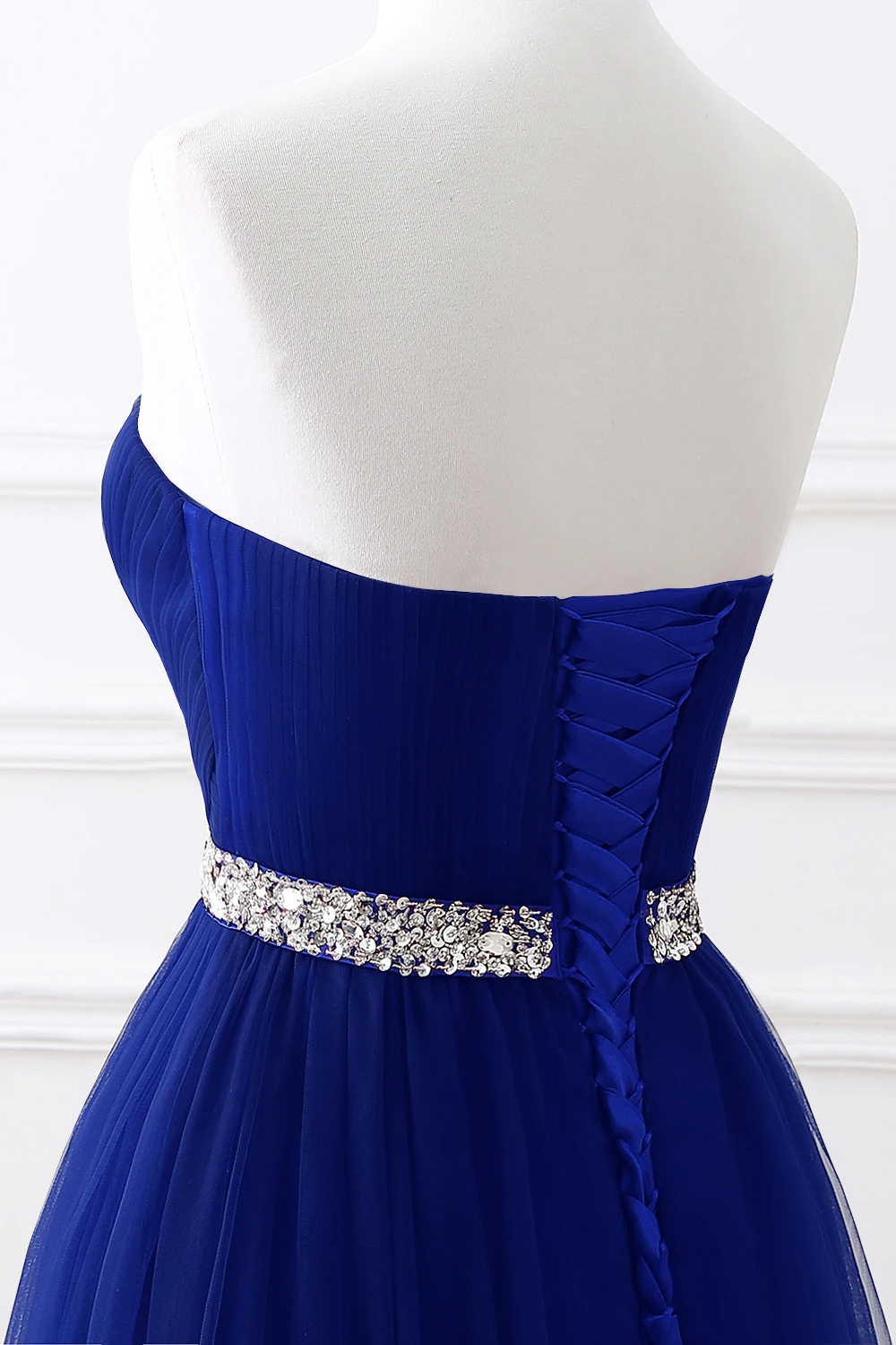 A-line Strapless Tulle Royal Blue Evening Dresses Lace Up Crystal Sequin Formal Party For Bride Sexy Prom Gown Wedding Party 5