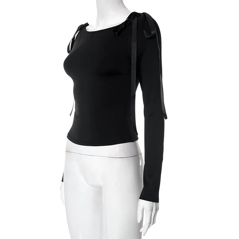 Top sexy de color liso con un solo hombro Y2k, manga larga, lazo con cordones, ropa de mujer, moda informal, ropa de calle, camisas para mujer
