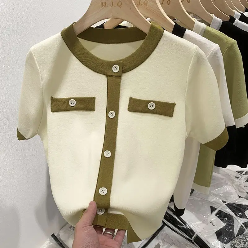 여성용 시크한 솔리드 패치워크 O-넥 니트 티셔츠, 캐주얼 루즈 가짜 포켓 단추 탑 티, 오피스 레이디 올 매치 가디건, 여름