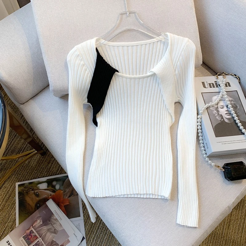 

Women's Hotsweet Patchwork Color Contrast Fashionable Crewneck Knitwear Sweater 2023 Autumn Winter Simple Y2K Slim Knitted Top