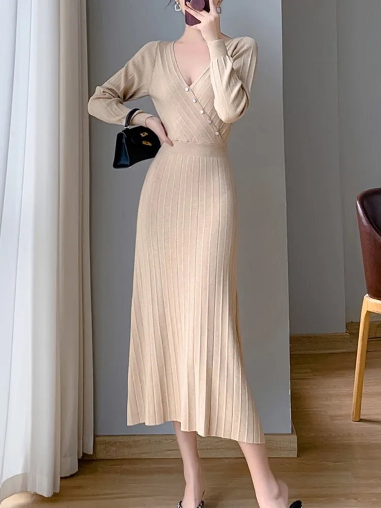 

Autumn Winter Women Knitted Dress Sexy Casual A-Line Solid Party Bodycon Dresses Female Chic Fashion Pleated Vestidos New