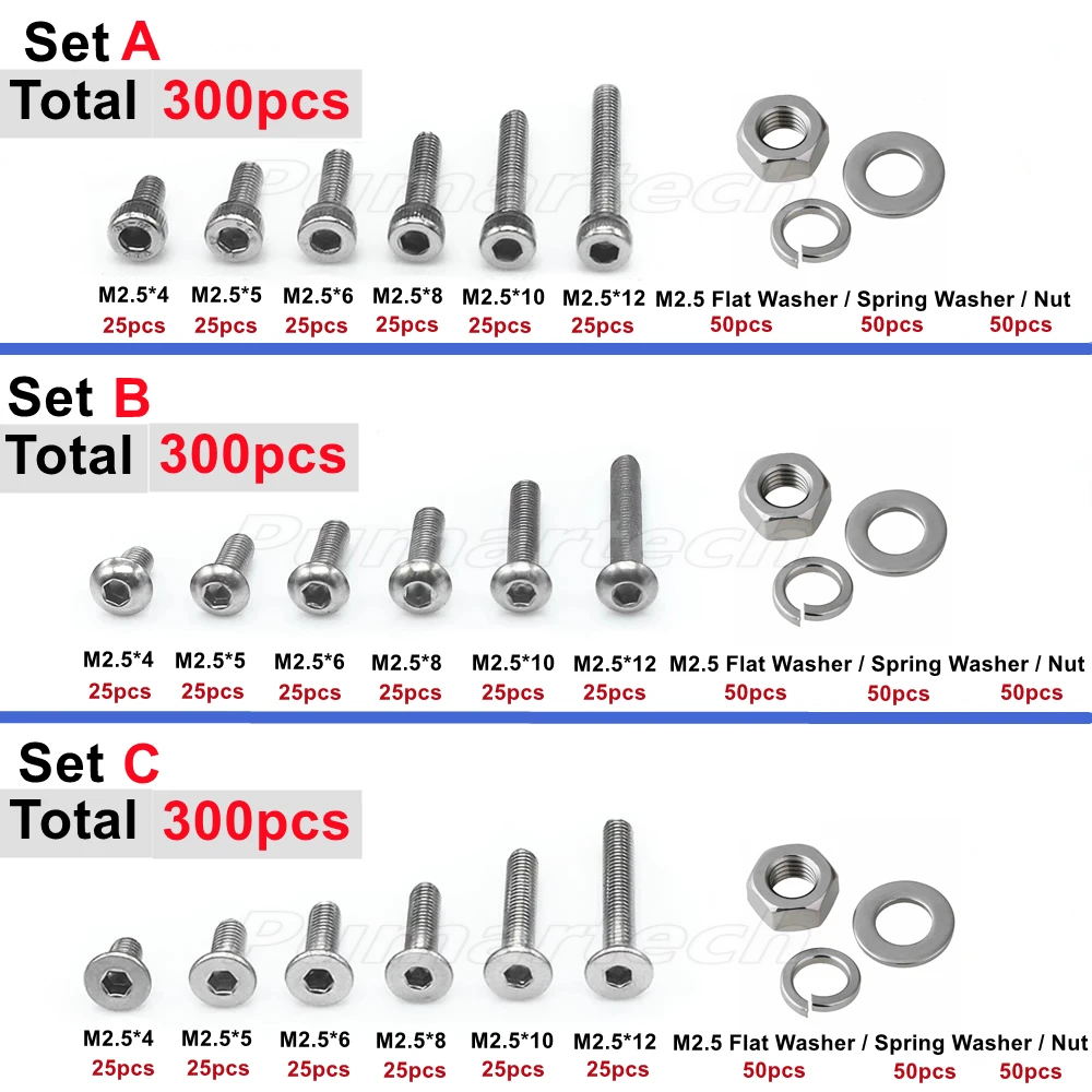 High-quality 300pcs M2.5(2.5mm) A2 Stainless Steel Allen Bolts Socket Screws Hex Nuts Flat Washers Spring Washers Combination