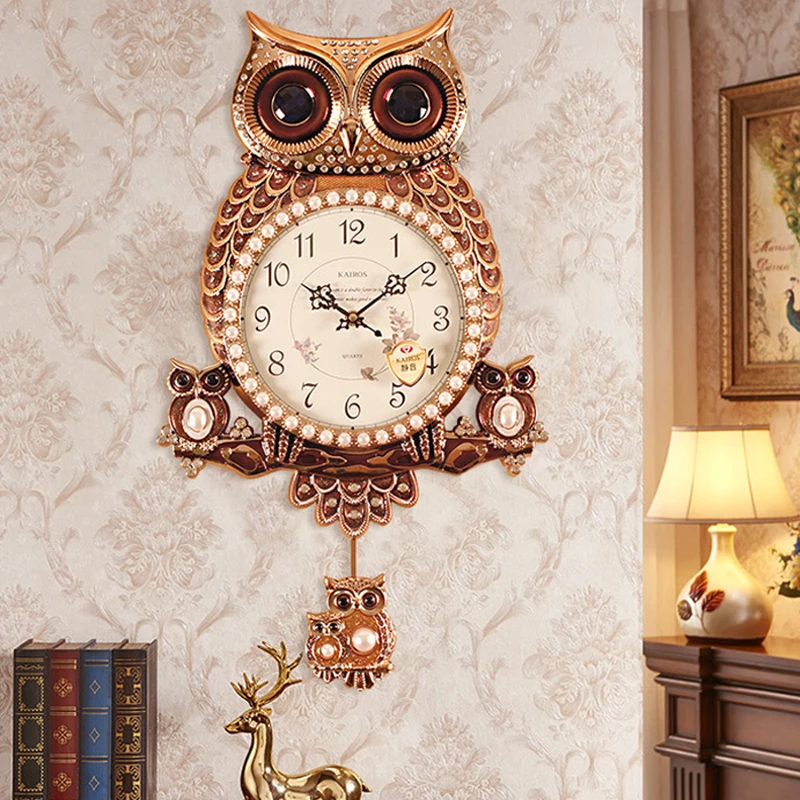 Reloj de pared de búho para sala de estar, relojes creativos de